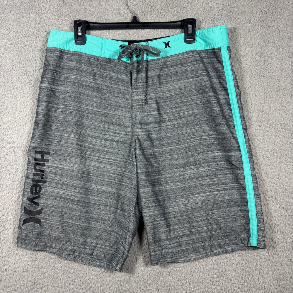 Hurley Board Shorts Men 33 Gray Turquoise Buckle Exclusive Heathered Swim Trunks